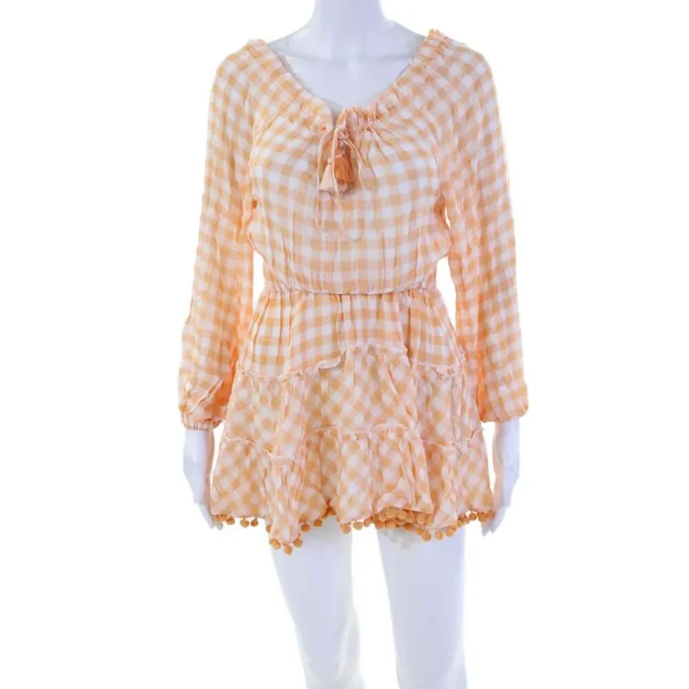 Playa Lucila Womens Gingham Pom Pom Detail Peasant Sleeve Dress Orange Size XS